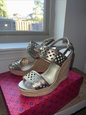 Tory Burch Metallic Gold Espadrilles Wedge Sandals